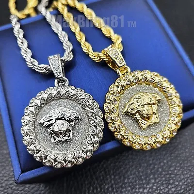 Glittered Medusa Cubic Zirconia Medal Pendant & 24  Rope Chain Hip Hop Necklace • $12.99