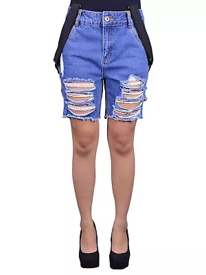 Uniq Stylist Urban Destroyed Ripped Bermuda Suspender Button Fly Denim Shorts • $14.85