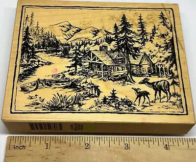 PSX MOUNTAIN LOG CABIN HOUSE LAKE TREES SCENE K2780 Wood Mounted Rubber Stamp • $24.95