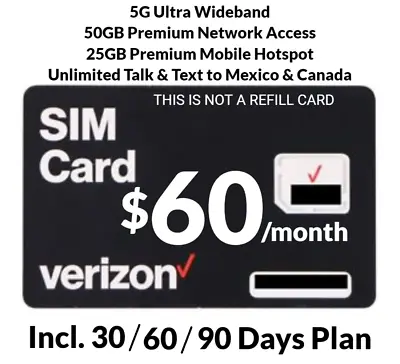 For 30/60/90 Days Verizon Prepaid $60 Unlimited Talk Text 5G Data 25GB Htspt Pla • $34.90