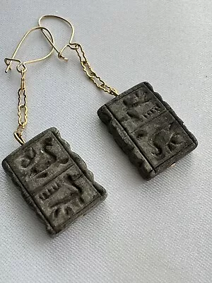 Antique Egyptian Revival Gold Metal Stone Amulet Books Hieroglyphic Earrings • £9.99