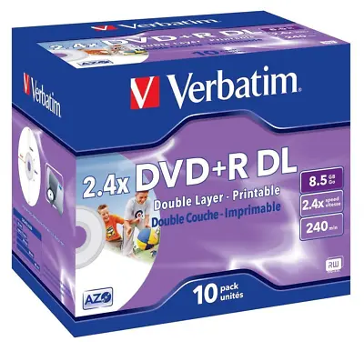 Verbatim 43517 8.5GB 2.4x Double Layer DVD+R Inkjet Printable - 10 Pack J Case • £18.94