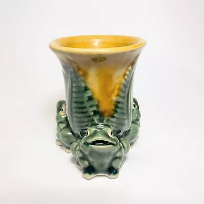 Majolica-Style 3 Green Frogs Ceramic Pottery Vase Planter 4-1/2” Glazed Pot • $15