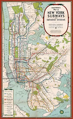 1937 Hagstrom Map Of New York City W Subway IRT And BMT Lines Wall Art Poster • $24