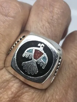 Vintage Southwestern Silver Stone Inlay American Thunderbird 11 Size Ring • $44