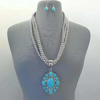 Turquoise Like Stone Deco Squash Blossom Pendant Triple Beaded String Necklace • $18.49