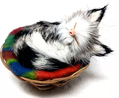 Kitten In Basket Real Rabbit Fur Gray White Cat Life Like Toy Miniature #S2 • $11.11