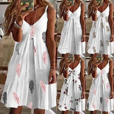 $23.01 • Buy Womens Summer Beach Boho Sundress Ladies Printed V Neck Camisole Dress Plus Size