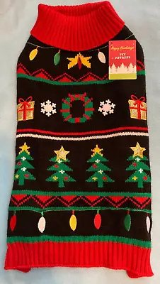 Black/multicolor Dog Sweater W/ Christmas Scenes~trees~lights~gifts~size M~NEW • $10