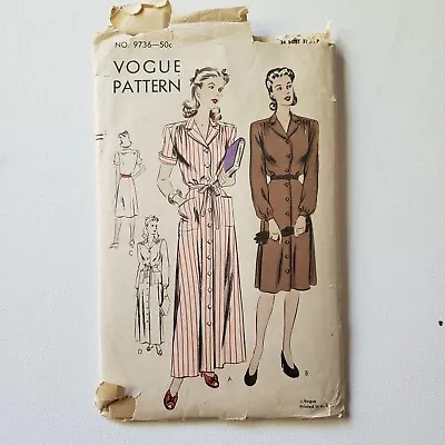 1940s Vintage Vogue 9736 Button Up Dress Sewing Pattern • $18