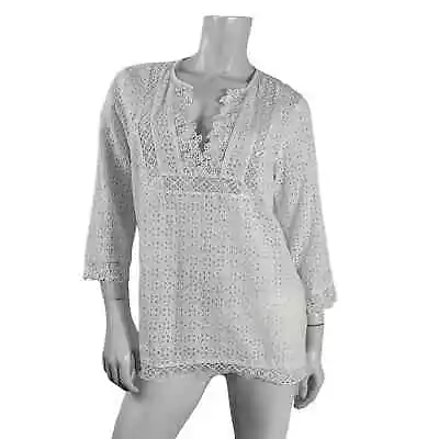 J. Jill Lace Eyelet Crochet White Sz.S V Neck Boho Cotton Coastal 3/4 Sleeve Top • $35