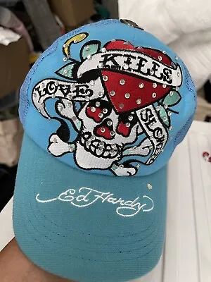 Ed HARDY~LOVE KILLS SLOWLY~Baby BLUE MESH CRYSTAL TRUCKER BASEBALL HAT • $18.88