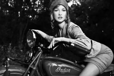 INDIAN SCOUT VINTAGE MOTORCYCLE PIN UP STYLE POSTER PRINT B&W 24x36 HI RES 9 MIL • $39.95