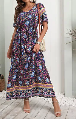 Womens Boho Floral Maxi Long Dress Ladies V Neck Summer Holiday Beach Sundress • £12.29