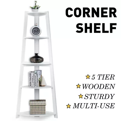 5 Tier Ladder Corner Display Shelf Book CD Bookshelf Stand Rack Unit White • $89.99