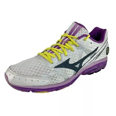 Size 10.5 Mizuno Wave Rider 17 Lace Up Sneakers White Purple Yellow • $44