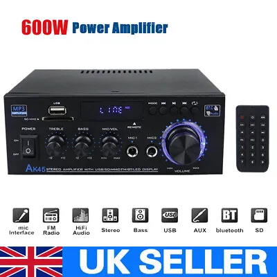 600W Bluetooth Stereo Amplifier Amp HIFI Audio Radio 2CH USB AUX FM Car Home UK • £23.91