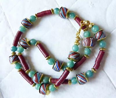 Antique Venetian Fancy Glass Trade Beads Necklace Jade Brass Vulcanite Heishi • $326