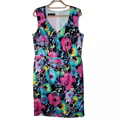 Evan Picone Black Label Black Pink Floral V Neck Sleeveless Dress Women Size 14 • $15.99