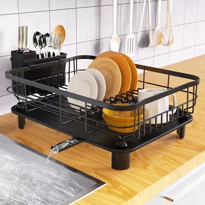 Stainless Steel Kitchen Dish Drying Rack W/ Utensil Holder & Drain Board Durable • $22.31