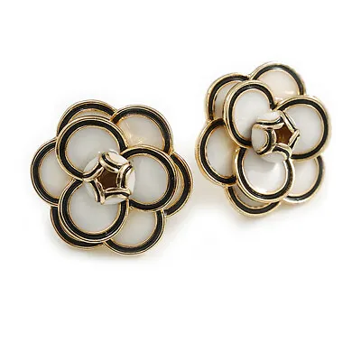 £12.90 • Buy 20mm D/ White/Black Enamel Layered Rose Flower Stud Earrings In Gold Tone