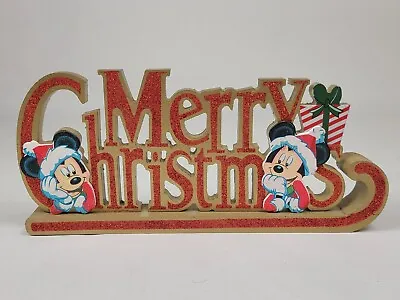 Vtg Disney Mickey & Minnie Mouse Merry Christmas Tabletop Sign Red Holiday Decor • $17.99