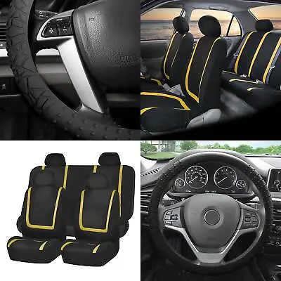 Cloth Auto Car Seat Cover Set Yellow W/Black Silicone Steering Wheel Cover • $42.99