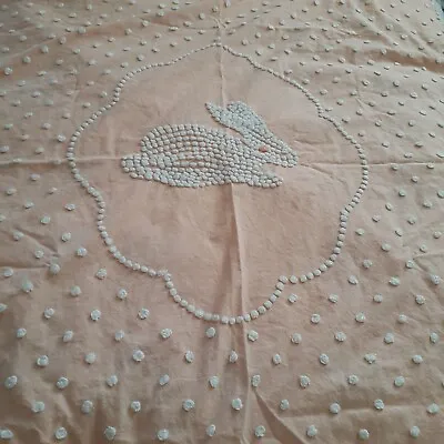 VTG Granny Hand Made Swiss Dot Bed Throw Bedspread Peach Bunny Rabbit 44  X 61  • $171.55