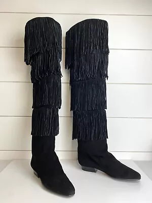 Vtg Nordstrom Black Suede Leather Over Knee Fringe Boots Womens 7 Made In Italy • $156