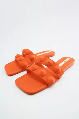 NWT Zara Size 5/EU 35 Orange Flat Rubberized Studded Sandals 3601/910 • $40