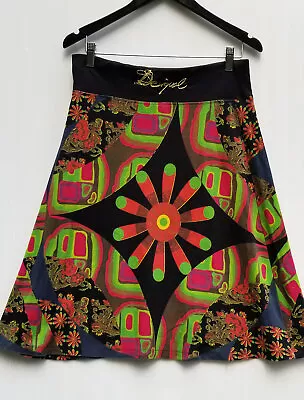 Sz 12 DESIGUAL Cotton Stretch Greens & Reds On Black A-line Skirt • $19
