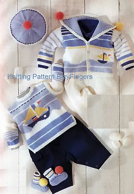 KNITTING PATTERN Baby Boys Boat Motif Sailor Jacket Cardigan Sweater Hat 16 - 21 • £2.19