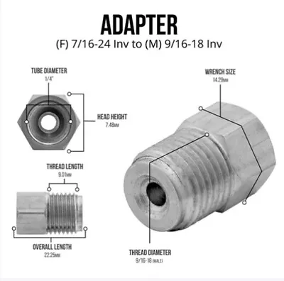 9/16-18 Male X 7/16-24 Female Inverted Flare Master Cylinder Adapter Stainless • $11.25