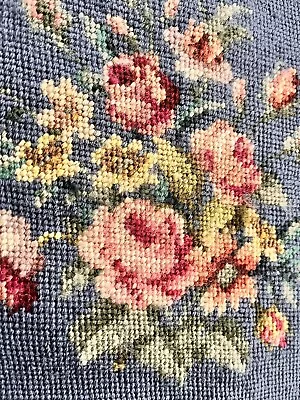 Beautiful Vintage Completed Floral Center Blue Needlepoint Canvas For Chair Etc • $27