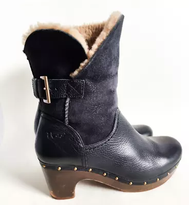 UGG Amoret Black Nubuck Leather Wooden Wedge Heel Boots Womens Size 9 • $44.99