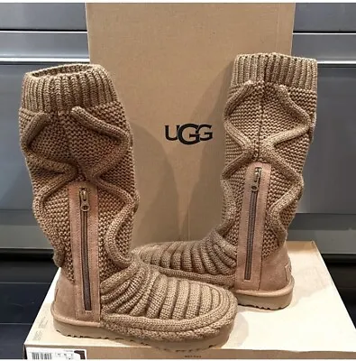 Ugg Classic Tall Chunky Knit Cardy Chestnut Sheepskin Insole Boots Size 6 New! • $145