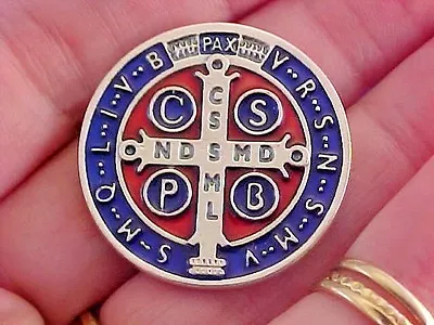 Rare St BENEDICT Pocket Token Protection 1-1/8  Saint Medal ENAMEL Red Blue • $19.43