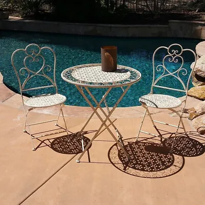 Outdoor Bistro Set White Cafe Iron Table 2 Chair Garden 3 Piece Folding Patio • $151.95