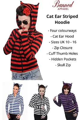 Banned Apparel Cat Ears Striped Womens Hoodie • £27.95