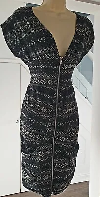 Vgt Black & White Fairisle Jumper Dress With Pockets & Zipper Size 12 14 16 • £15