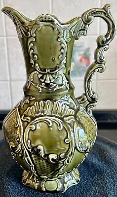 MAJOLICA ~ 10.6  Tall Deep Green Ornate Vase/Jar • £65