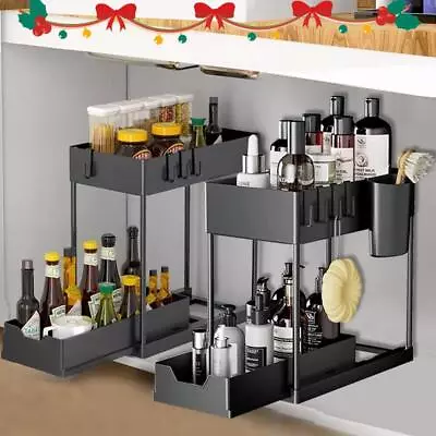 2X Under Sink Storage Organizer Drawer Multi-Purpose 2-Tier Bathroom Kitchen • £12.89