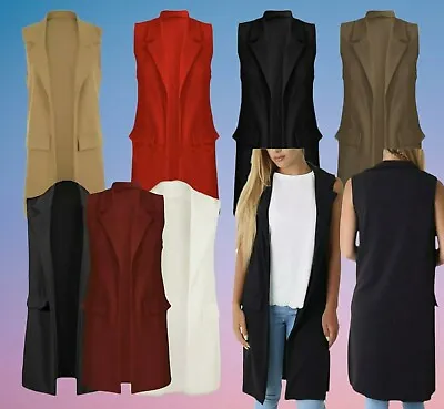 Women's Plus Size Sleeveless Crepe Mock Pocket Long Blazer Waistcoat Jacket Top  • £14.98