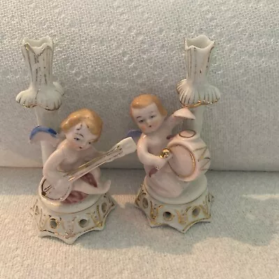 Occupied Japan Vintage 4” Bud Vase Cherub Angels Playing Drum And Mandolin • $8