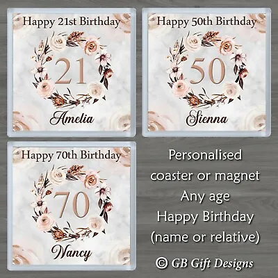 £3.95 • Buy Personalised Birthday Coaster Or Magnet Boho Floral Flower Any Age & Name Gift