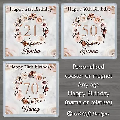 Personalised Birthday Coaster Or Magnet Boho Floral Flower Any Age & Name Gift • £4.25