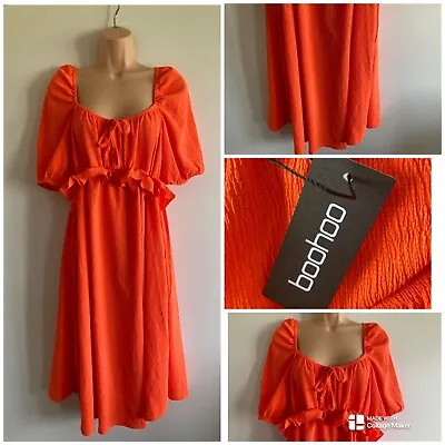 Boohoo Women Maternity Dress Orange Ruffle Smock Crinkle Summer Ladies Size 16 • £9.99