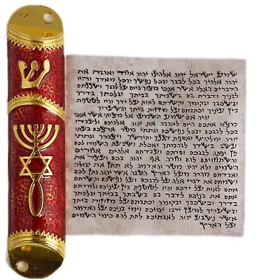 Red Gold Enamel Door Mezuzah Case Non Kosher Scroll Klaf 3  Parchment 4 /10.5cm • $15