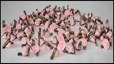 Small Mini Satin Rose Buds Flowers With Green Leaves For Applique Craft • £3