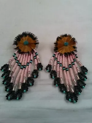 Vtg Pierced Earrings Southwest Style LEATHER FEATHER GLASS BEAD Pink Black *ee • $25